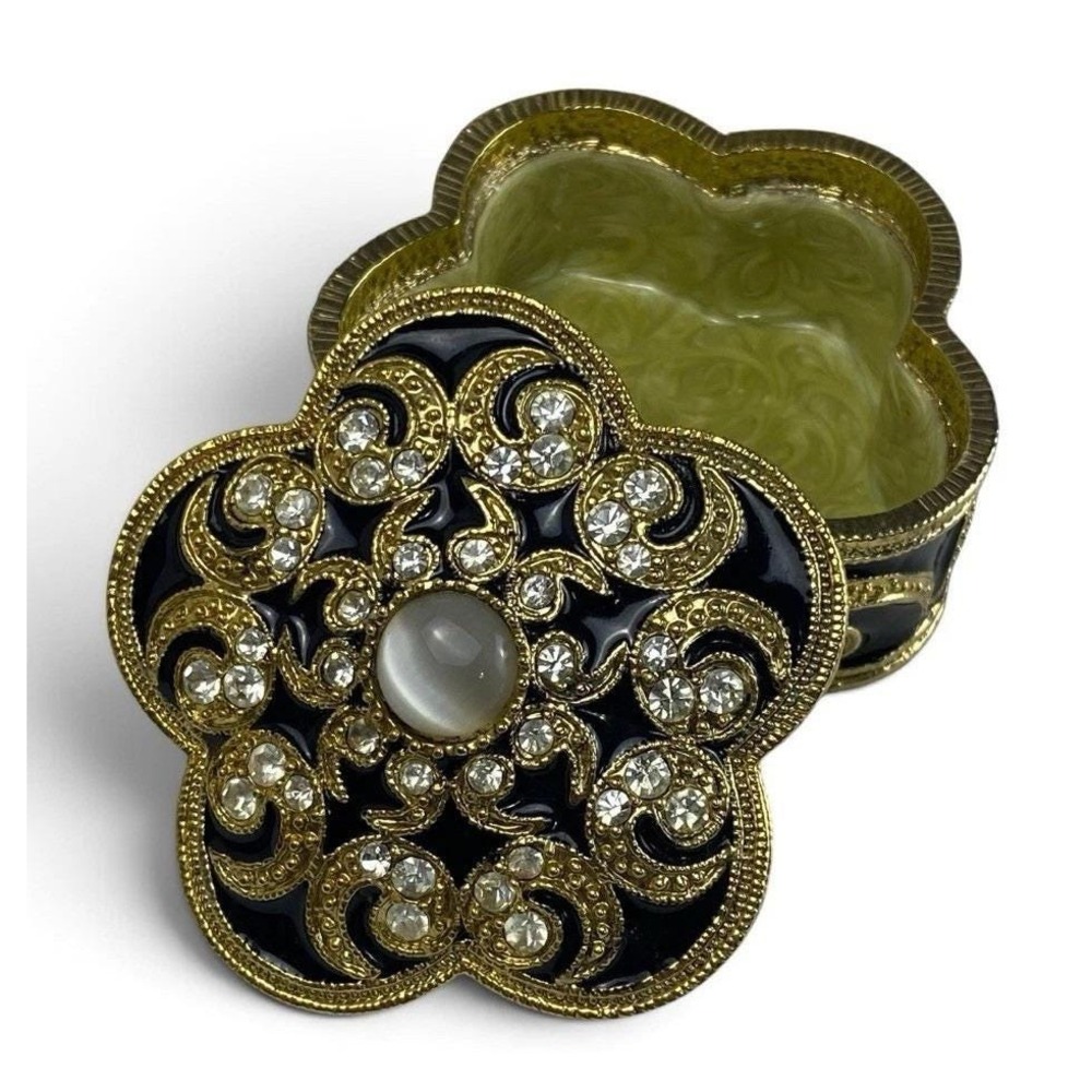 Vtg Swirled Enameled Cast Metal Jeweled Trinket Pill Lidded Box Gold Black Beige